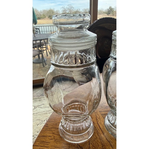 Set 2 Vintage Clear Glass Apothecary Candy Jars Pedestal Ribbed Collar Canada 9" - Picture 2 of 10